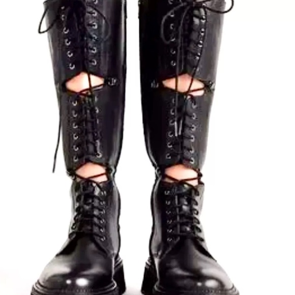 Free People Miller Cut Out Lace Up Tall Boot Lug Sole Black Leather - Picture 3 of 7